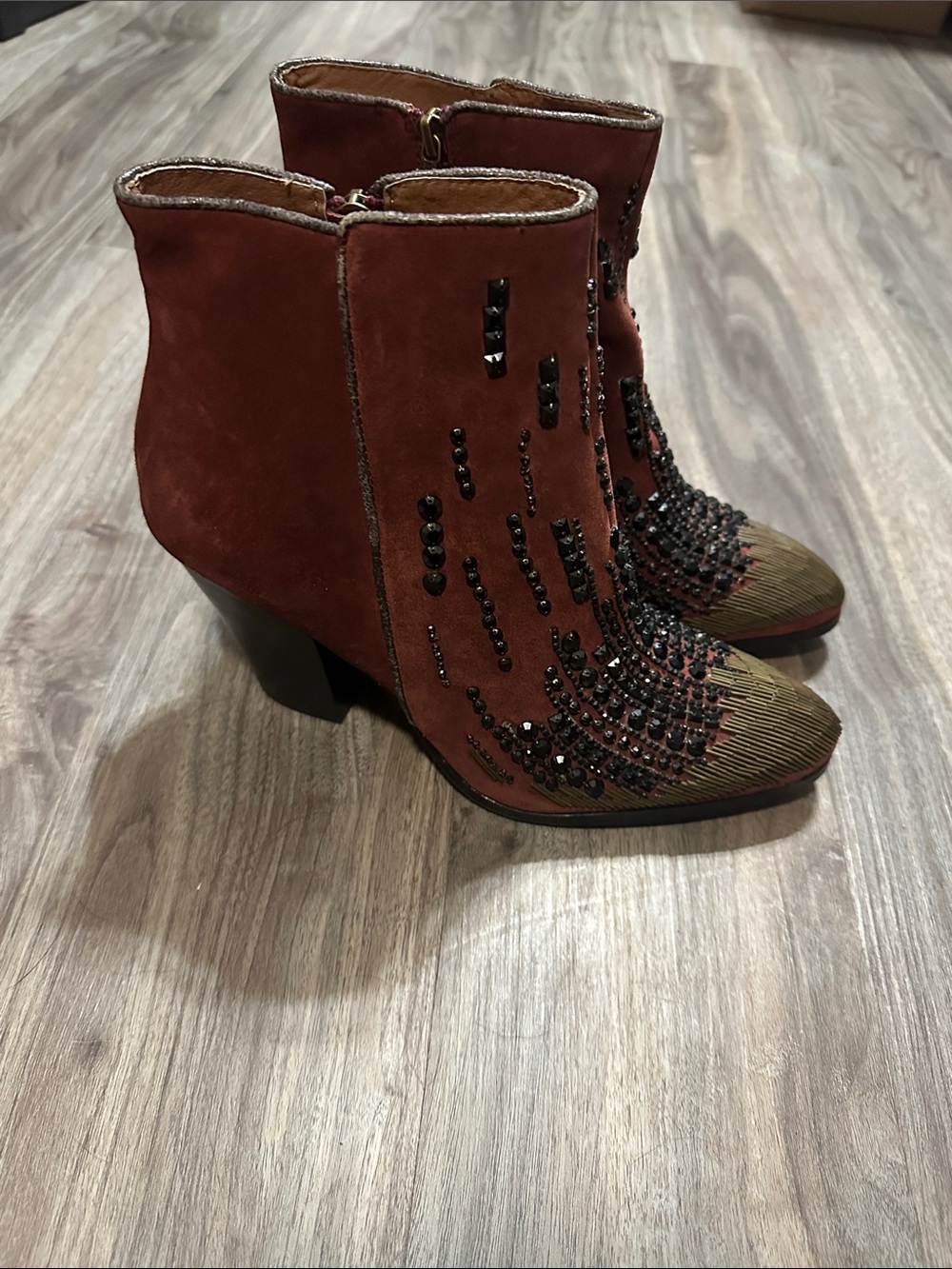 Donald J. Pliner Rust Suede Embellished Ankle Boots with Gold Toe - Picture 6 of 12